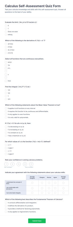 Calculus Self Assessment Quiz Form Template