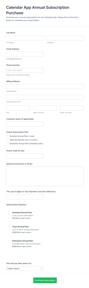 Calendar App Annual Subscription Purchase Form Template