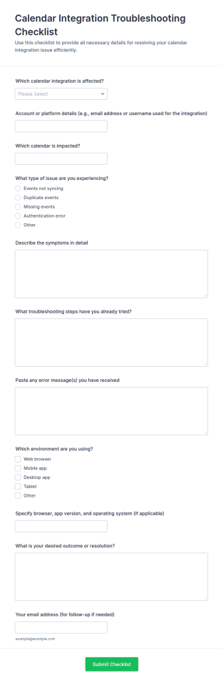 Calendar Integration Troubleshooting Checklist Form Template