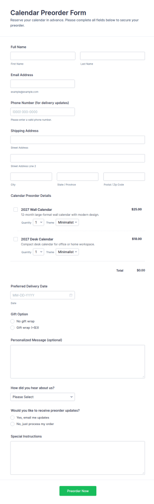 Calendar Preorder Form Template