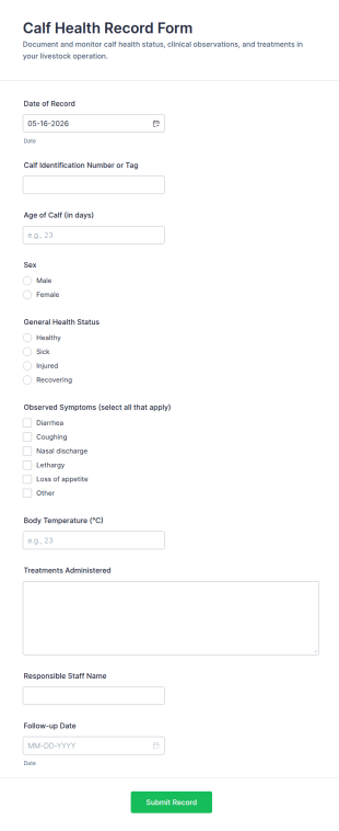 Calf Health Record Form Template