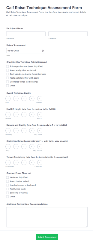 Calf Raise Technique Assessment Form Template