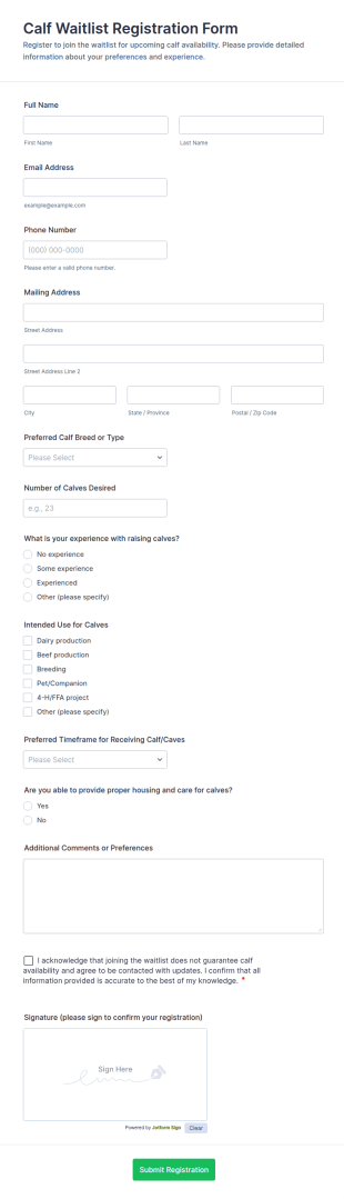 Calf Waitlist Registration Form Template