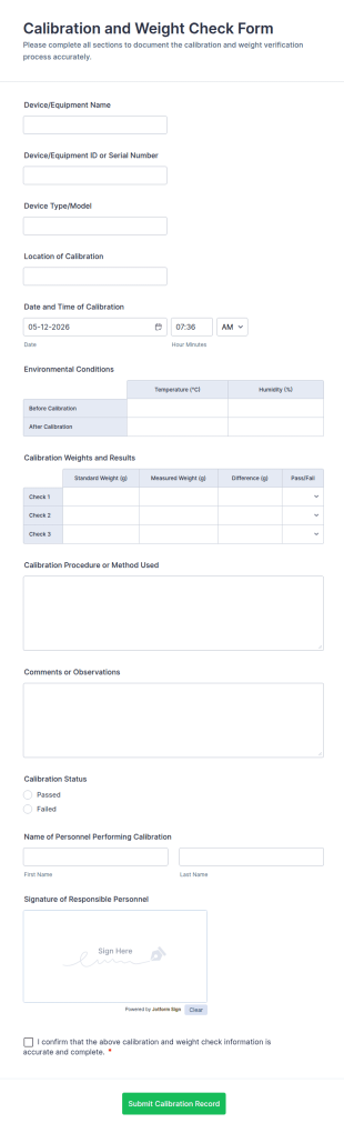 Calibration And Weight Check Form Template