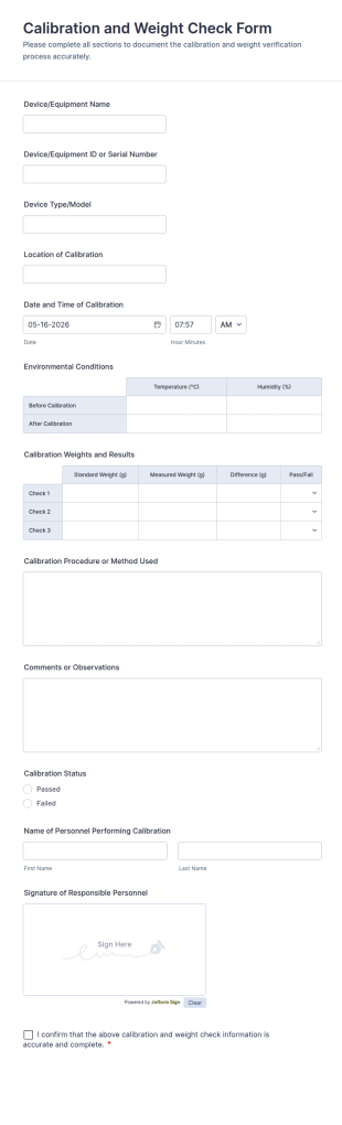 Calibration And Weight Check Form Template