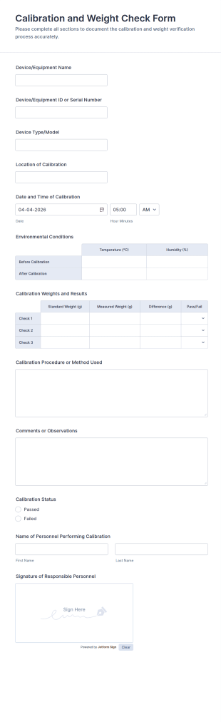 Calibration And Weight Check Form Template