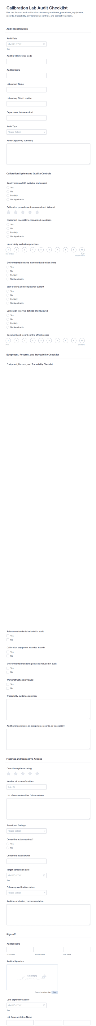 Calibration Lab Audit Checklist Form Template