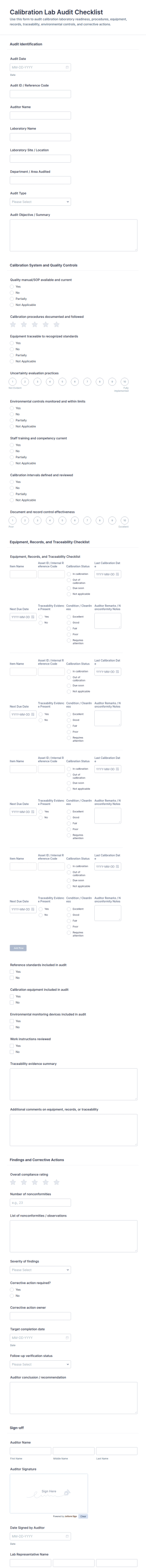 Calibration Lab Audit Checklist Form Template