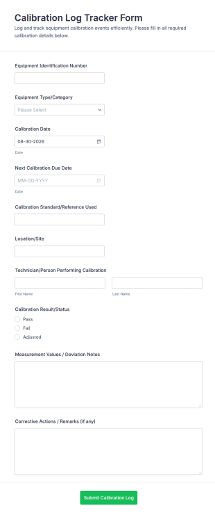 Calibration Log Tracker Form Template