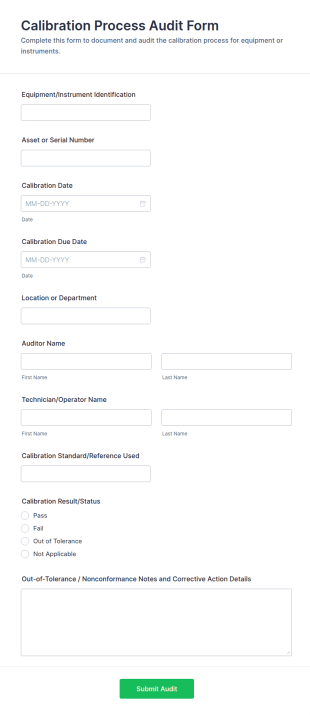 Calibration Process Audit Form Template