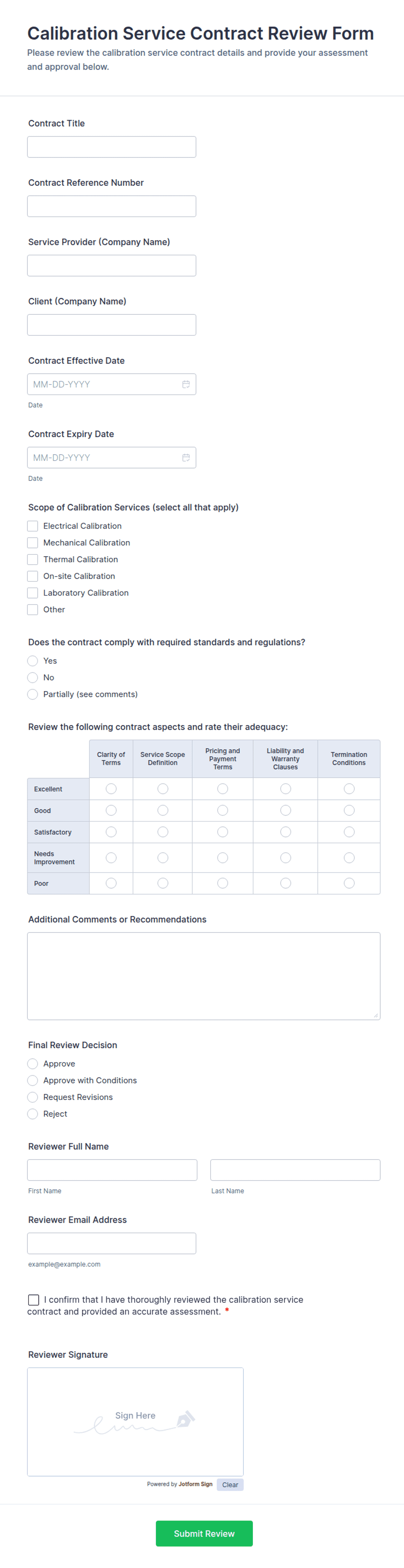 Calibration Service Contract Review Form Template | Jotform
