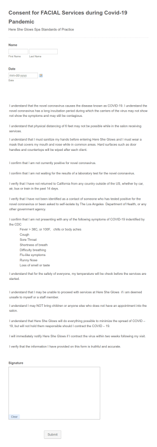 California Facial Services COVID 19 Consent Form Template