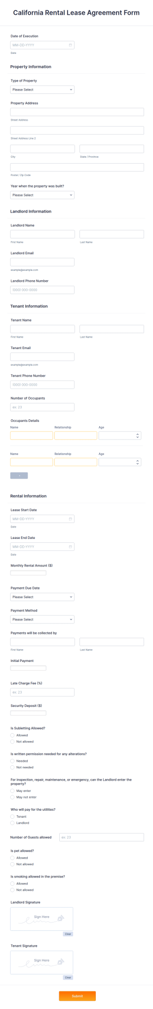 California Rental Lease Agreement Form Template