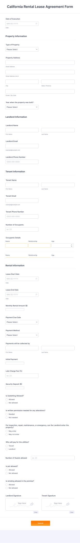 California Rental Lease Agreement Form Template