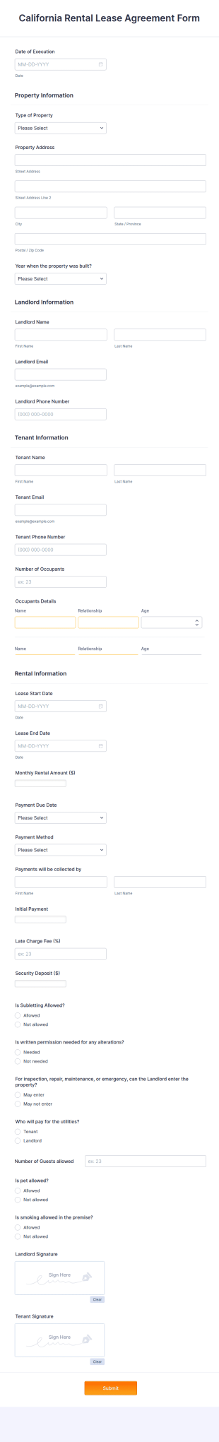 California Rental Lease Agreement Form Template