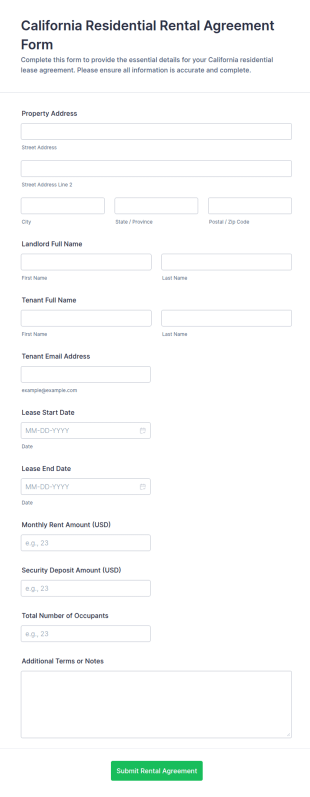 California Residential Rental Agreement Form Template