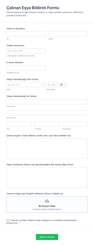 Çalınan Eşya Bildirim Form Template