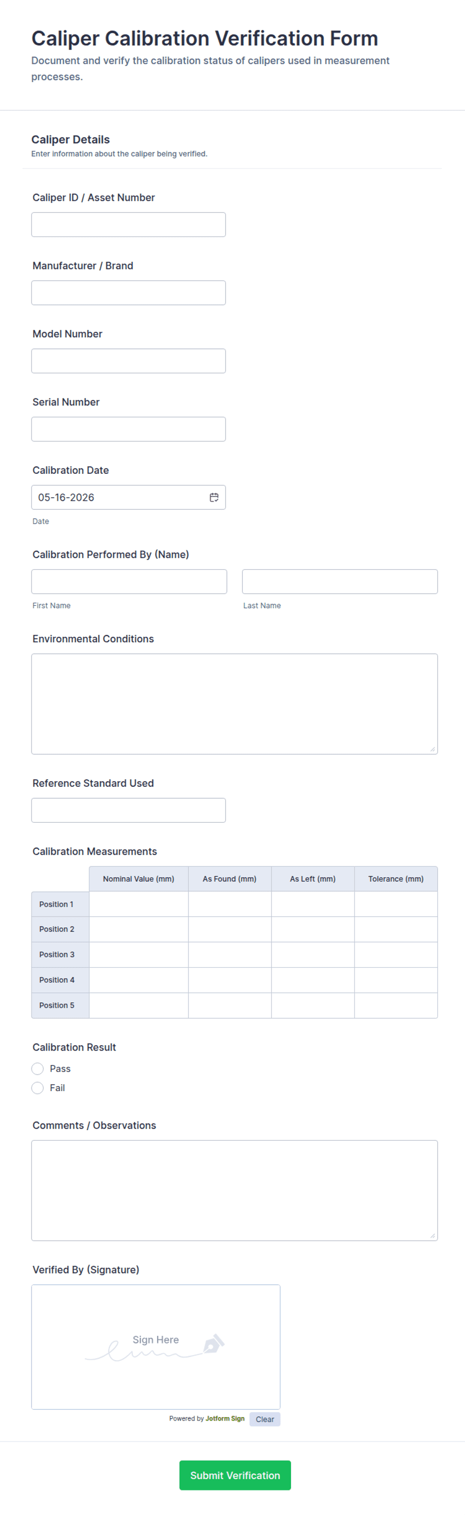 Caliper Calibration Verification Form Template | Jotform