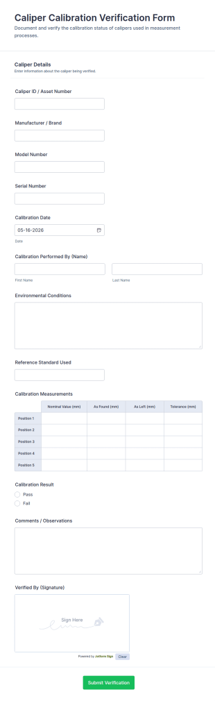 Caliper Calibration Verification Form Template