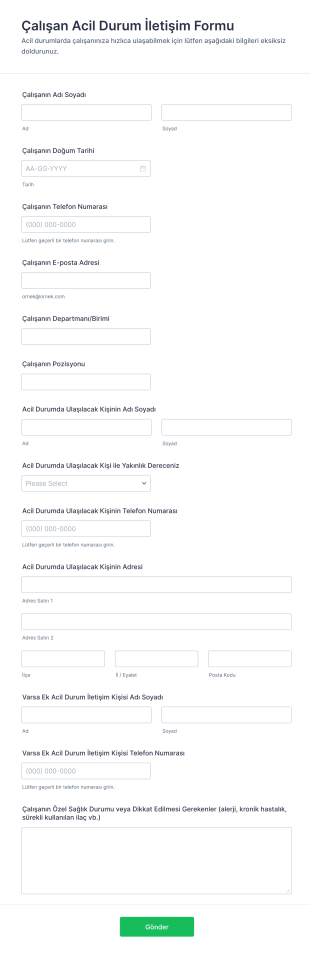 Çalışan Acil Durum İletişim Form Şablonu