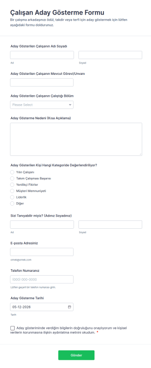 Çalışan Aday Gösterme Form Şablonu