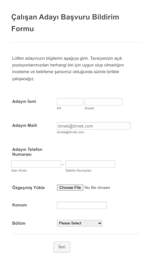 Çalışan Adayı Başvuru Bildirim Form Template