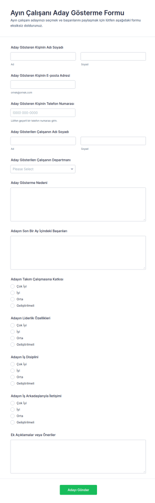 Çalışan Ayın En İyi Personeli Anketi 🎖️ Form Şablonu