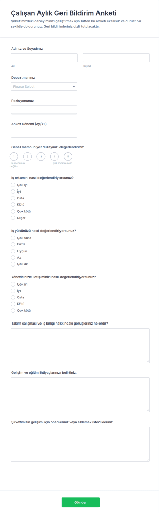Çalışan Aylık Geri Bildirim Anketi Form Şablonu