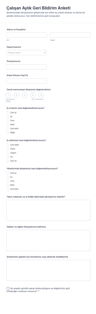Çalışan Aylık Geri Bildirim Anketi Form Şablonu