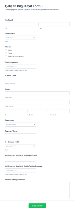 Çalışan Bilgi Kayıt Form Şablonu