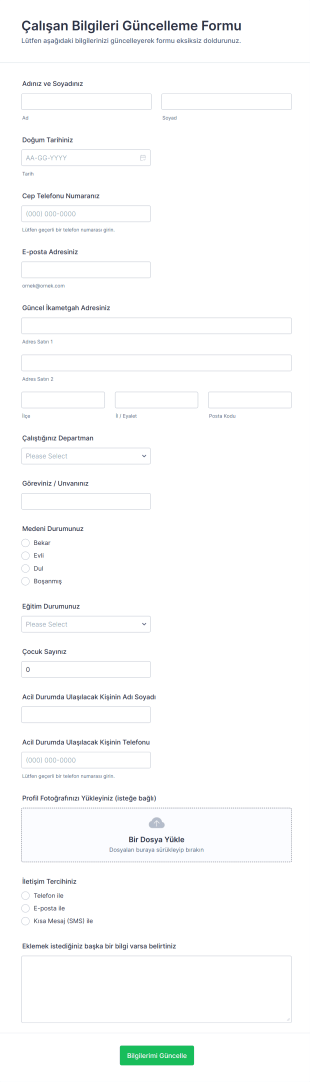 Çalışan Bilgileri Güncelleme Form Template
