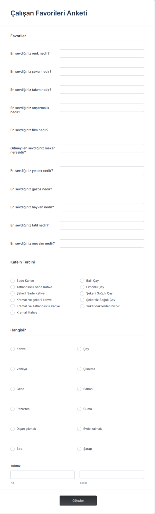 Çalışan Favorileri Anketi Form Şablonu