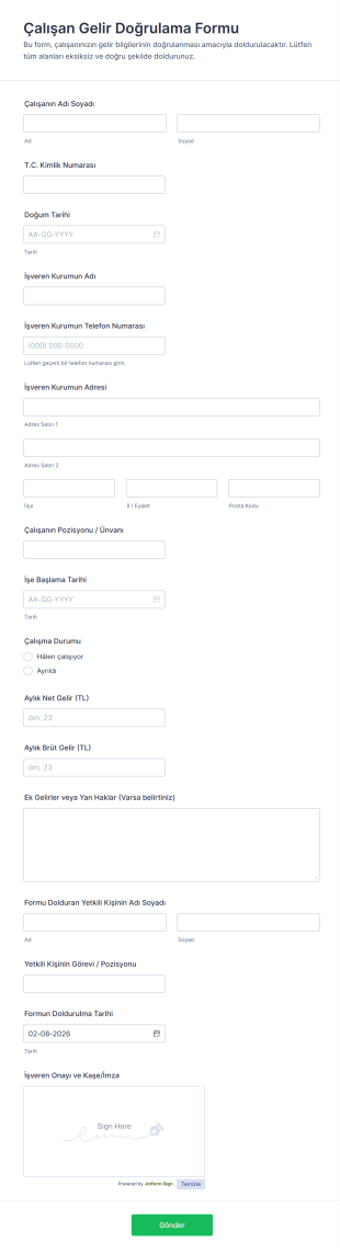 Çalışan Gelir Doğrulama Form Şablonu