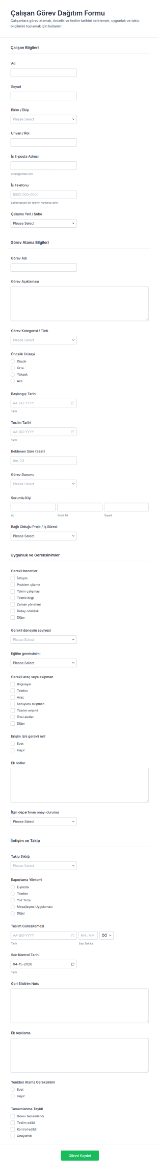 Çalışan Görev Atama Form Şablonu