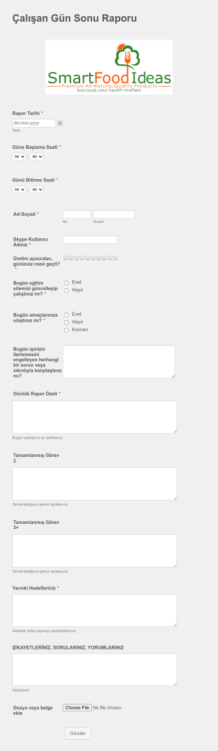 Çalışan Gün Sonu Raporu Form Template