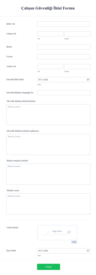 Çalışan Güvenliği İhlal Form Şablonu