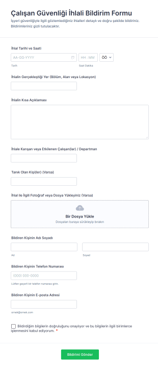 Çalışan Güvenliği İhlali Bildirim Form Template