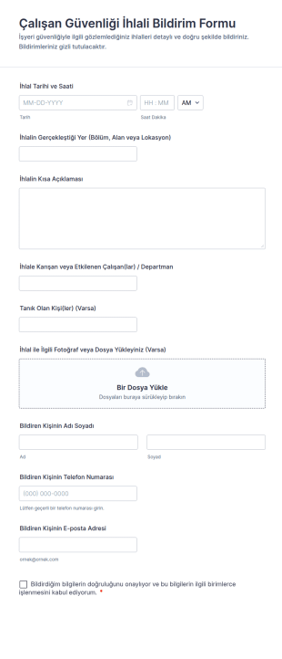 Çalışan Güvenliği İhlali Bildirim Form Şablonu