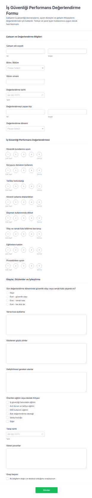 Çalışan Güvenliği Performans Değerlendirme Anketi Form Şablonu