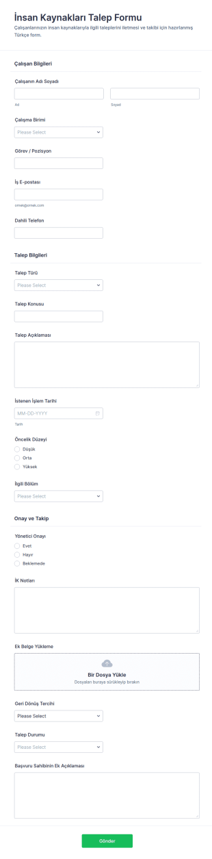 Çalışan İnsan Kaynakları Talep Form Şablonu