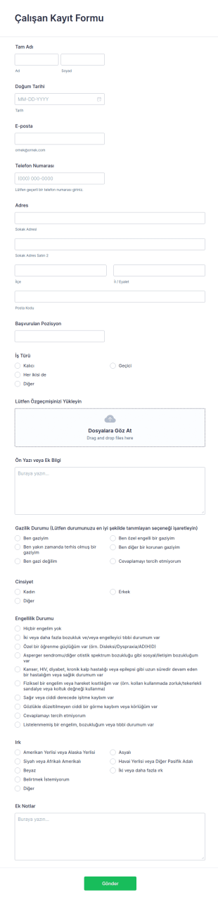 Çalışan Kayıt Form Şablonu