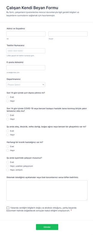 Çalışan Kendi Beyan Form Şablonu