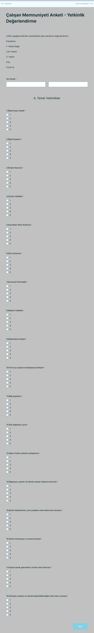 Çalışan Memnuniyeti Anketi Yetkinlik Değerlendirme Form Template