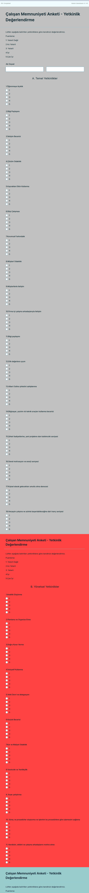 Çalışan Memnuniyeti Anketi Yetkinlik Değerlendirme Form Şablonu