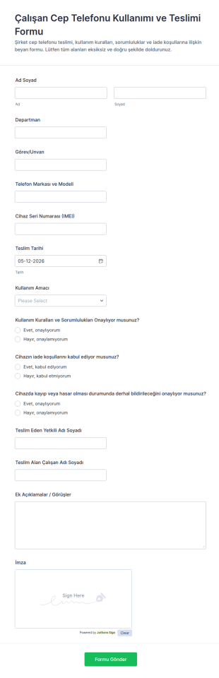 Çalışan Mobil Sözleşmesi Form Şablonu