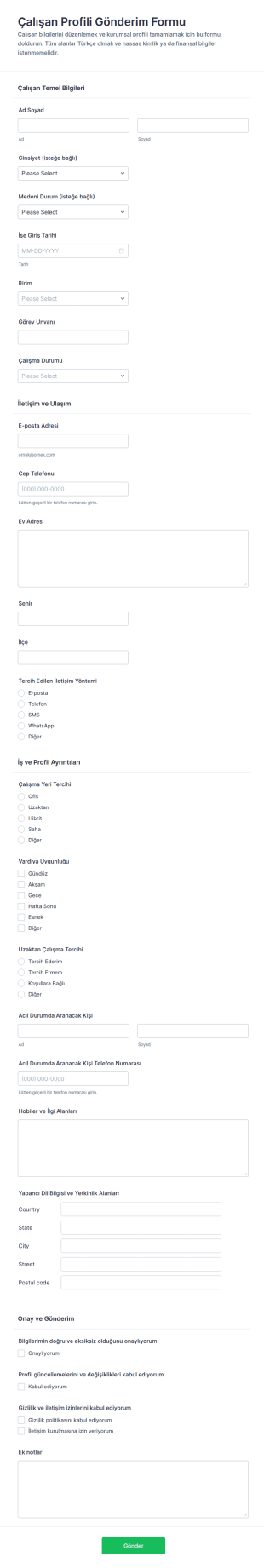 Çalışan Profil Başvuru Form Şablonu