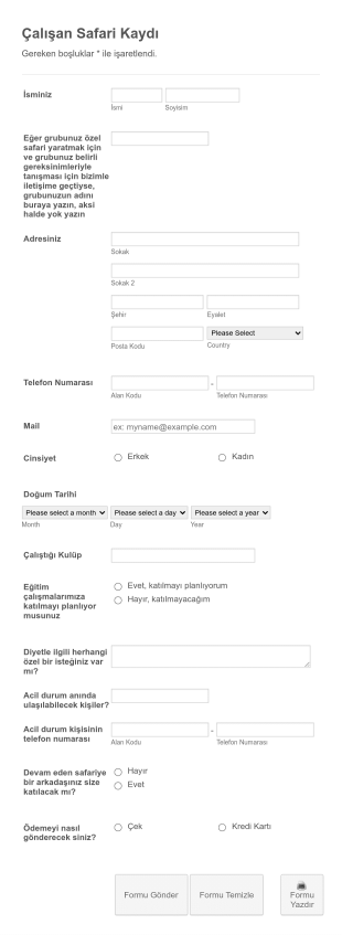 Çalışan Safari Kaydı Form Şablonu