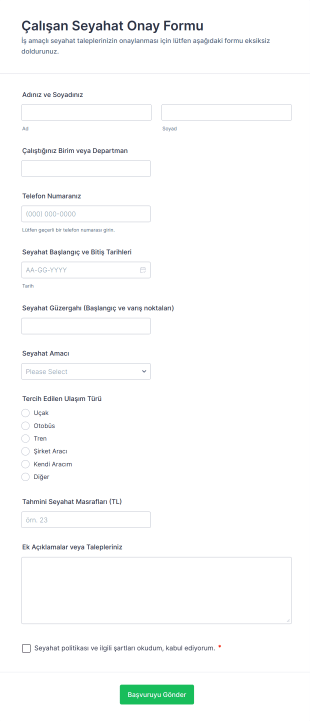 Çalışan Seyahat Onay Form Template