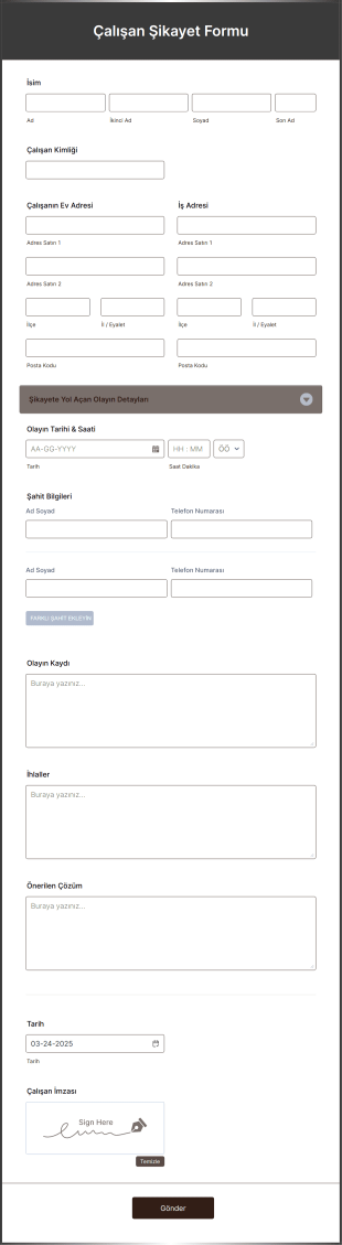 Çalışan Şikayet Form Template