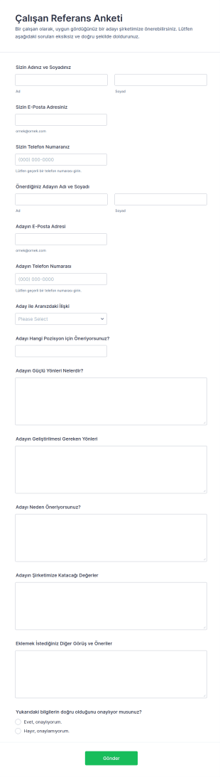 Çalışan Tavsiye Anketi Form Şablonu